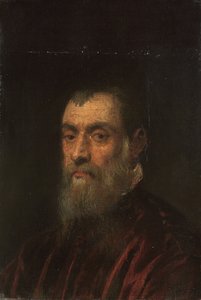 Sakallı bir adamın portresi, büstü boyu, kırmızı elbiseli by Jacopo Robusti Tintoretto