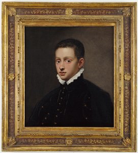 Beyaz yakalı siyah bir yelek giymiş, göğüs boyunda bir çocuğun portresi. by Jacopo Robusti Tintoretto