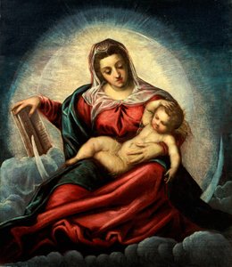 Madonna ve Çocuk, bir hilal ve bulutlar üzerinde bir mandorlada, bilgelik kitabıyla by Jacopo Robusti Tintoretto