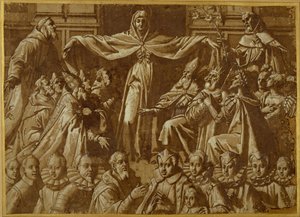 Sts ile Madonna della Misericordia. Francis ve Dominic, diğer azizler ve yöneticiler ve bir bağışçı ailesi ile (kağıt üzerinde yıkama ve beyaz gövde rengine sahip kalem ve kahverengi mürekkep) by Jacopo Zucchi