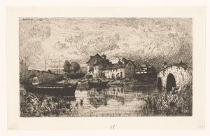 Sağda ve solda bir köprü ile su üzerinde bir köyün görünümü by Jacques Barthélemy Appian (Adolphe)