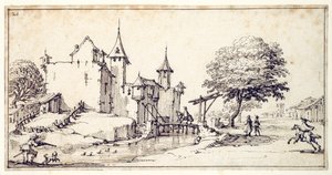 Asma köprülü bir şato (kağıt üzerinde kalem ve kahverengi mürekkep) by Jacques Callot