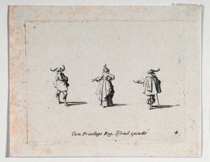 Elini uzatmış bir kadın ve iki süvari, ... (gravür) by Jacques Callot