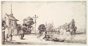 Nehir kıyısında bir yol (kağıt üzerinde kalem ve kahverengi mürekkep) by Jacques Callot