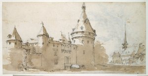 Kuleli bir şato ve bir kilise (kağıt üzerinde siyah tebeşir üzerine kahverengi ve gri yıkama) by Jacques Callot