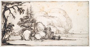 Sahilde fantastik kayalar, sahilde binalar (kağıt üzerine kalem ve kahverengi mürekkep) by Jacques Callot