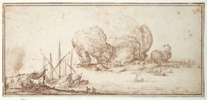 Fantastik kayalar, güçlendirilmiş. Nakliye. Denizciler, teknelerinin önünde bivouac (Le Grand Rocher) (kağıt üzerinde kalem ve mürekkep) by Jacques Callot
