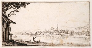 Bir köprüyle kaleye bağlanan küçük bir kasabaya nehir üzerinden yolcu taşımak (kağıt üzerinde kalem ve kahverengi mürekkep) by Jacques Callot