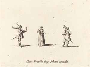 Şarap Şişeli Kadın ve İki Beyefendi, muhtemelen 1634. by Jacques Callot