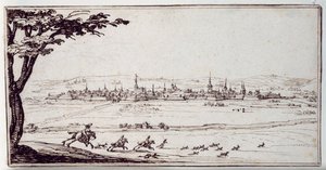 Uzaktan Nancy: bir tavşanın peşinden koşan harrierler (kağıt üzerinde kalem ve kahverengi mürekkep) by Jacques Callot