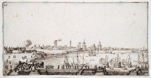 Kalyonların selam ateşlediği La Rochelle limanının görünümü (kağıt üzerinde kalem ve kahverengi mürekkep) by Jacques Callot