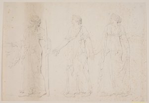 Kurban eylemi (?) Yunan cübbesi içinde üç yürüyüş figürü. Önünde amfora ve asa ya da meşale taşıyan bir adam, ardından iki kadın by Jacques Francois Joseph Saly