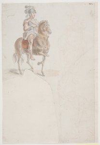 Roma kostümlü, tüylü miğferli binici. Ayrıca, ayakta ve yarı diz çökmüş adamların iki soluk kırmızı tebeşir çiziği. by Jacques Francois Joseph Saly