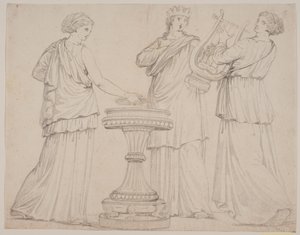 Bir sunakta Yunan cüppeli üç kadın. kadın t.v. bir karatahta (?), ortasında bir taç ile, t.h. bir lir ile (terpsichore?) by Jacques Francois Joseph Saly