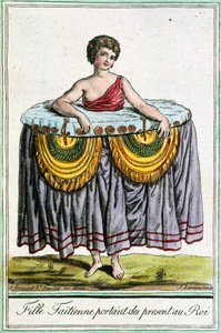 Genç kadın, krala hediyeler sunuyor, Tahiti, Society Adaları, Jacques Grasset de Saint-Sauveur (1757-1810) tarafından Seyahat Ansiklopedisi