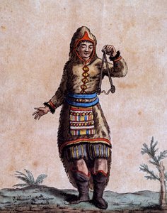 Geleneksel kostümlü Hudson Körfezi Kadını, Laroque tarafından renkli gravür, Ansiklopedi yolculukları, Jacques Grasset de Saint-Sauveur (1757-1810) by Jacques Grasset de Saint Sauveur