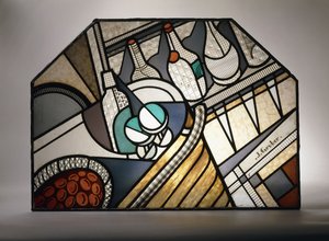 Kokteyl barını gösteren Art Deco vitray panel (kurşunlu vitray)