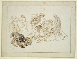 Istakoz ve İki Cadı, 1602 dolayları (kağıt üzerine kalem ve sulu boya) by Jacques II de Gheyn