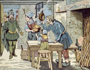Tüm tebaasının Pazar akşam yemeği için tavuk yemesini isteyen Yoksulların Kralı IV. Henri, c. 1900 by Jacques Marie Gaston Onfray de Breville (Job)