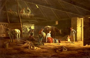 Bir Ahırda Bir Sütçü Kız, Çiftlikler ve Pulluk Atları by Jacques-Laurent (circle of) Agasse