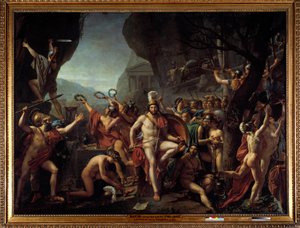Leonidas'tan Thermopils'e MÖ 480'de Termopiller Savaşı'nın Bölümü, Yunanlıları Xerxes'in Perslerine karşı, Sparta Kralı I. Leonidas, kollarını tutarak, Herkül sunağının yakınında, bir birliğin arkasında bir kayanın üzerinde oturuyor Spa by Jacques Louis David