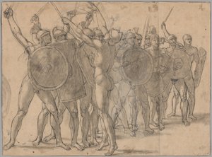 Silahlarıyla Hareket Eden Çıplak Askerler (rekto); Tatius Figürü için İki Perdelik Çalışması (verso) by Jacques Louis David