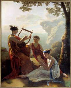 Yunan şair Sapho (Sappho) lir çalıyor ve iki arkadaşı Jacques Louis Grandin (1780-?) 1808 Paris, Musee Marmottan by Jacques Louis Michel Grandin