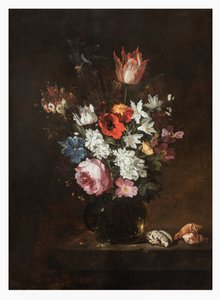 Cam Vazoda Gül, Lale, İris, Haşhaş, Hanımeli ve Diğer Çiçekler Çıkıntıda Deniz Kabuklu by Jacques de Claeuw