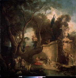 "Avdan Sonra Dinlenme" (Avdan Sonra Dinlenme) Av partisi sonrası soyluların zevkleri, salıncakta bir kadın, bir piknik sahnesi (piknik) kırsalı. Resim Jacques de Lajoue (1686-1761) 1730 Puşkin Müzesi, Moskova