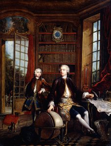 Sanatçının Oğlunun Öğretmeni ile Portresi, Sanatçı olduğu söylenen Genç Jean Baptiste de Courtonne, bir Kütüphanede, by Jacques de Lajoüe