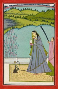 Nargile ve şahin ile terasta bir bayan, c.1760 (kağıt üzerinde opak suluboya ve altın) by Jaimal Har