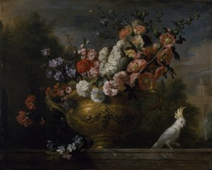 Bir semaverde çiçeklerle, kakaduyla, bir çıkıntının üzerinde natürmort, c.1699 (tuval üzerine yağlı boya) by Jakob Bogdani or Bogdany