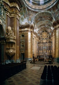 Mimar Jakob Prandtauer (1660-1726) tarafından tasarlanan Melk Benedictine Kilisesi'nin iç görünümü, Johann Michael Rottmayr (1656-1730) tarafından freskler. Melk, Avusturya by Jakob Prandtauer