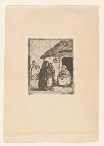 Bir evin önünde iki kadın ve çocuk Küçük Dilenci (orijinal başlık) by Jakob Smits