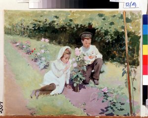 ""Au rosier"" Bir gül bahçesinde iki çocuk. Jakov Kalinichenko'nun tablosu (1869-1938) 1908 Bölge I. Pozhalostin Sanat Müzesi, Ryasan