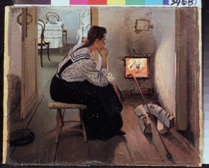 ""Düşünceler Ocakta"" (Düşünceler Ocakta) Ateşin önünde dalgın bir şekilde oturan genç bir kadın. Jakov Kalinichenko'nun resmi (1869-1938) 1897 Eyalet Bölge I. Pozhalostin Sanat Müzesi, Ryasan