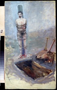 1905 Rus Devrimi: "İnfaz" Bir mahkûm, kazdığı mezarın yanındaki bir direğe bağlanmış. Jakov Kalinichenko'nun tablosu (1869-1938) 1905 Bölge I. Pozhalostin Sanat Müzesi, Ryasan