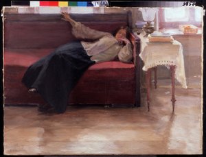 Bir kanepede yatan dalgın genç kız ""Dreams"". Jakov Kalinichenko'nun tablosu (1869-1938) 1904 Bölge I. Pozhalostin Sanat Müzesi, Ryasan