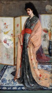 ""Porselen Ülkesinin Prensesi"" (Gül ve Gümüş: Porselen Ülkesinden Prenses) Japon tarzında giyinmiş genç bir kadın, arkasında bir kimono (Japonisme) James Abbott McNeill Whistler ( 1834- 1903) 1864 Daha Özgür by James Abbott McNeill Whistler