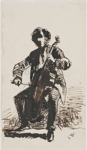 Sir Seymour Haden Çello Çalıyor, 1855 dolayları (bej kağıda kurşun kalem, tükenmez kalem ve mürekkep) by James Abbott McNeill Whistler