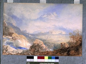 Rhone Vadisi, Şehri ve Sion Kalesi, İsviçre (kirli beyaz kağıt üzerine suluboya ve guaj) by James Baker Pyne