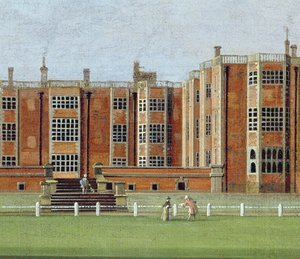 Temple Newsam House'un görünümü, c.1750 (tuval üzerine yağlıboya) (128852 detayı, cephenin orta bölümünü gösteriyor) by James Chapman
