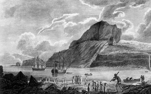Kerguelen adası, Noel Koyu'nun görünümü, William Hodges'ın çizimi, William Watts'ın gravürü, James Cook'un (1728-1779) Voyage to South Pole ve Round World'den illüstrasyonu, baskı 1778'de Paris'te yayınlandı