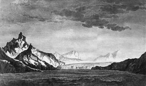 Güney Georgia adasındaki Possession Körfezi Manzarası, James Cook'un (1728-1779) Güney Kutbuna Doğru Yolculuk ve Yuvarlak Dünya'dan çizimi, baskısı 1778'de Paris'te yayınlandı