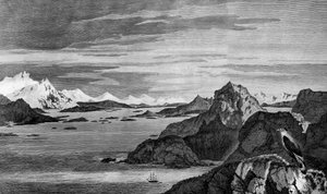 Noel Sesi Görünümü, Tierra del Fuego, çizim William Hodges, gravür William Watts, Voyage to South Pole ve Round World'den illüstrasyon, James Cook (1728-1779), baskı 1778'de Paris'te yayınlandı