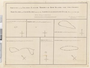 iii. Lagoon, Thrum-Cap, Bow-Island, the Two Groups, Bird Island ve Chain Island, güneyde uzanan adaların çizimleri, Sea... 1769 Nisan