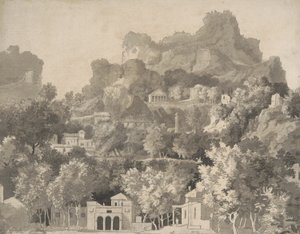 Klasik binaların olduğu kayalık manzara, c.1745 (kağıt üzerinde yıkama ile kalem ve mürekkep) by James Deacon
