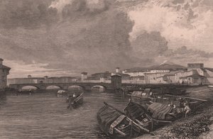 Pisa, Toskana, İtalya'daki Arno Nehri'nin görünümü, James Duffield Harding'in (1798-1863) çiziminden sonra Thomas Higham'ın (1796-1844) çelik gravürü by James Duffield Harding