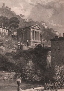 Clitumnus Tapınağı'nın Campello sul Clitunno yakınlarındaki Clitunno Nehri boyunca görünümü, Umbria, İtalya, Jordan tarafından James Duffield Harding (1798-1863) tarafından çizildikten sonra yapılan çelik gravür, yaklaşık 10, 5x15 cm by James Duffield Harding