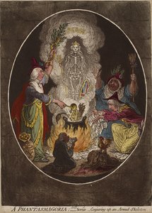 Bir Phantasmagoria; - Sahne - Silahlı İskelet Canlandırma., 5 Ocak 1803 (dokuma kağıt üzerine elle boyanmış gravür ve aquatint) by James Gillray